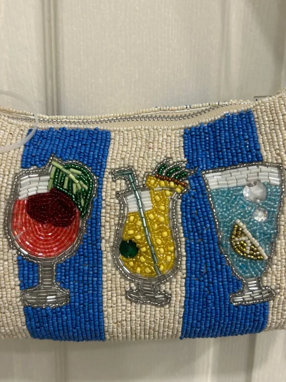Beaded Bag Cocktails Drinks Blue White Striped Handcrafted in India w Charm
